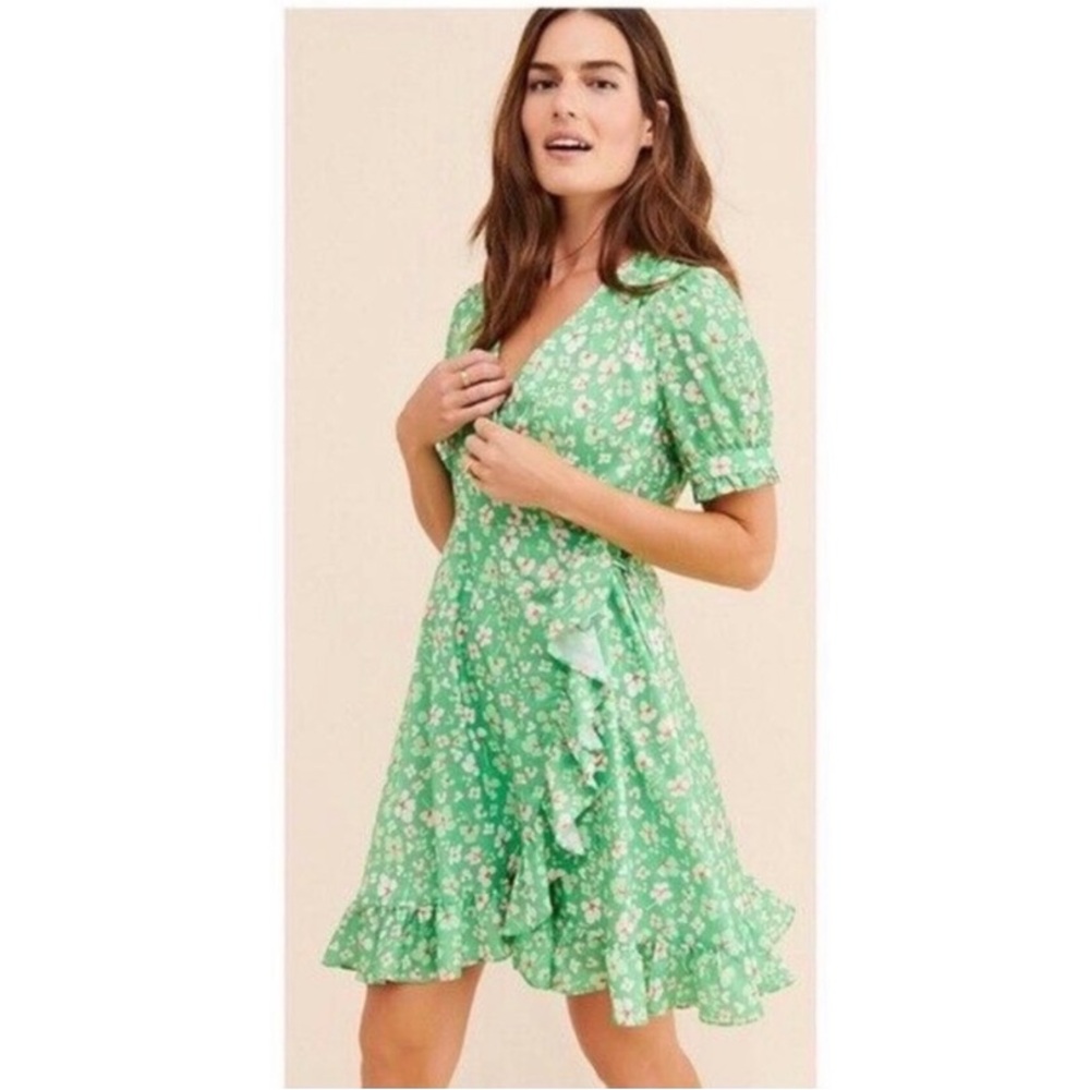 🆕 Kourt Rhoda Free People Green Floral Wrap V-Neck Ruffle Skirt Dress